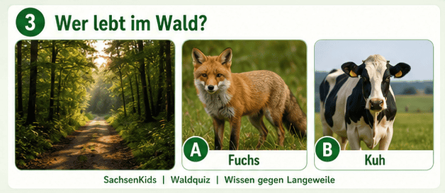 Waldweg, Fuchs und Kuh in der Natur, SachsenKids, Wald, Tiere, Naturerlebnis.