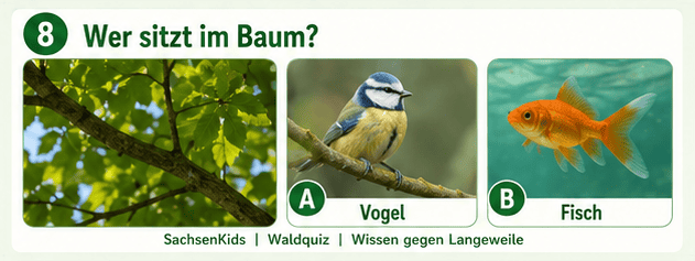 Kinder im Baum, umgeben von Blättern, mit Vogel und Fisch im Bild.