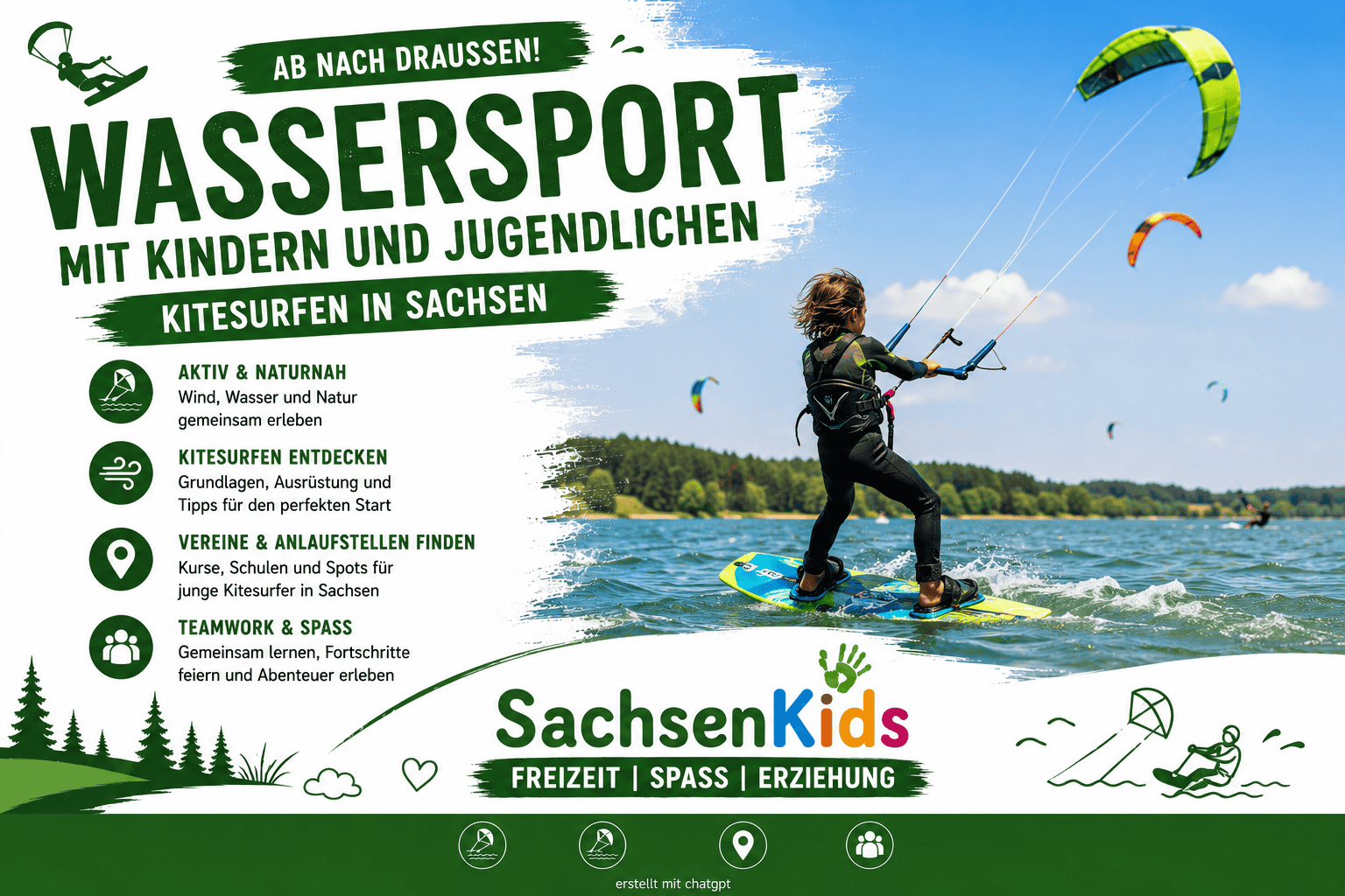 Kind beim Kitesurfen auf einem See in Sachsen bei schönem Wetter.