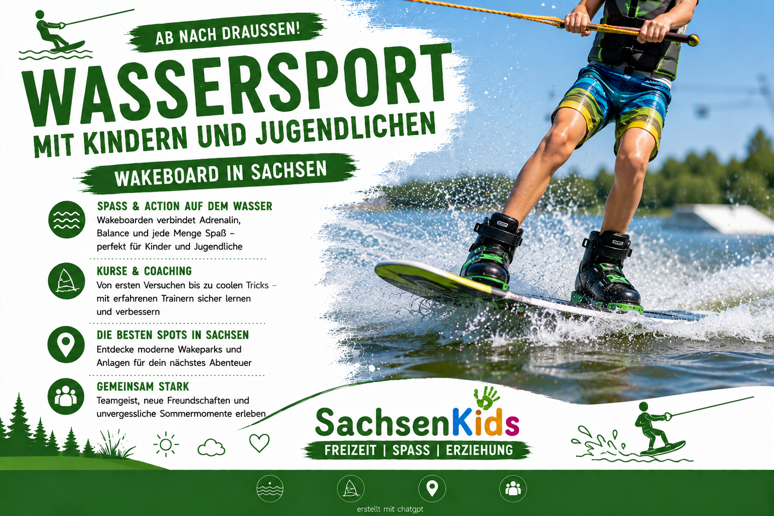 Jugendlicher fährt Wakeboard über einen See.