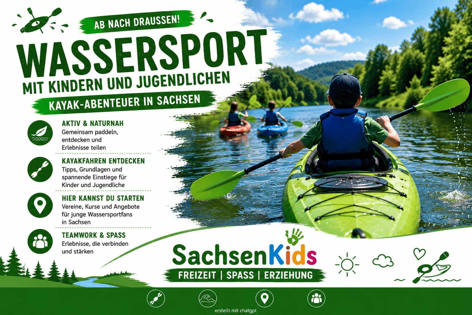 Kinder beim Paddeln auf einem Fluss in Sachsen, Natur und Spaß im Wassersport.