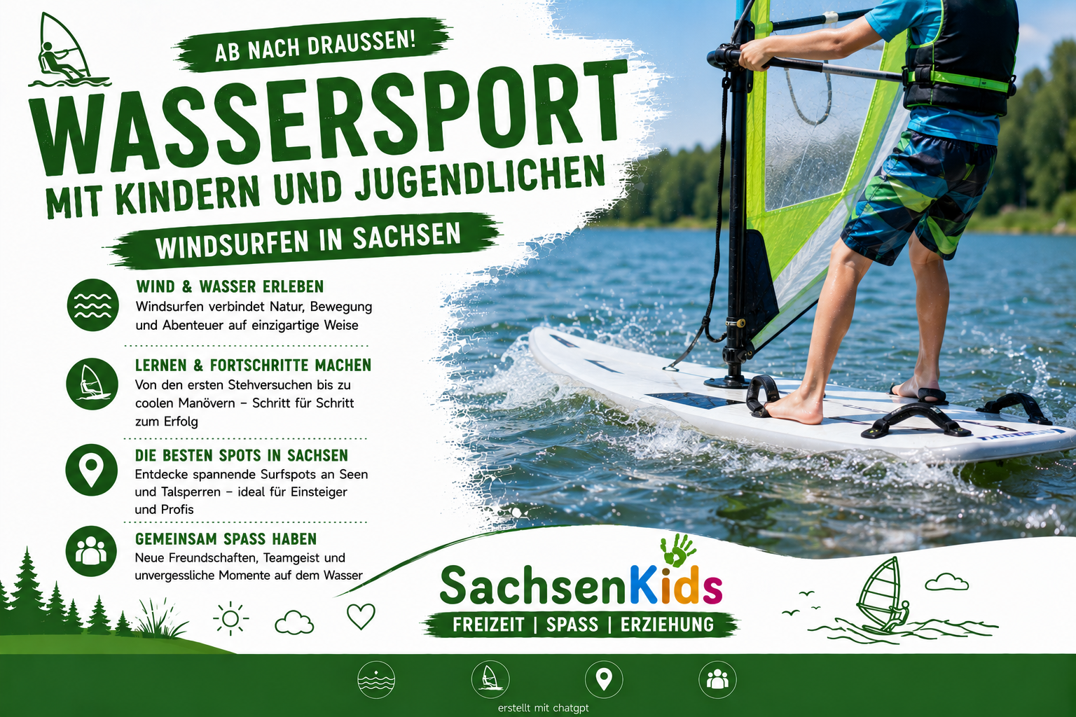 Jugendlicher beim Windsurfen auf einem sächsischen See mit farbigem Segel.