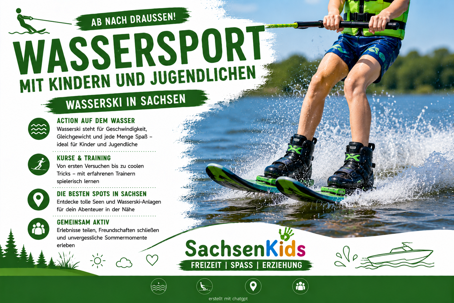 Kind fährt Wasserski hinter einer Seilbahn auf einem See in Sachsen.