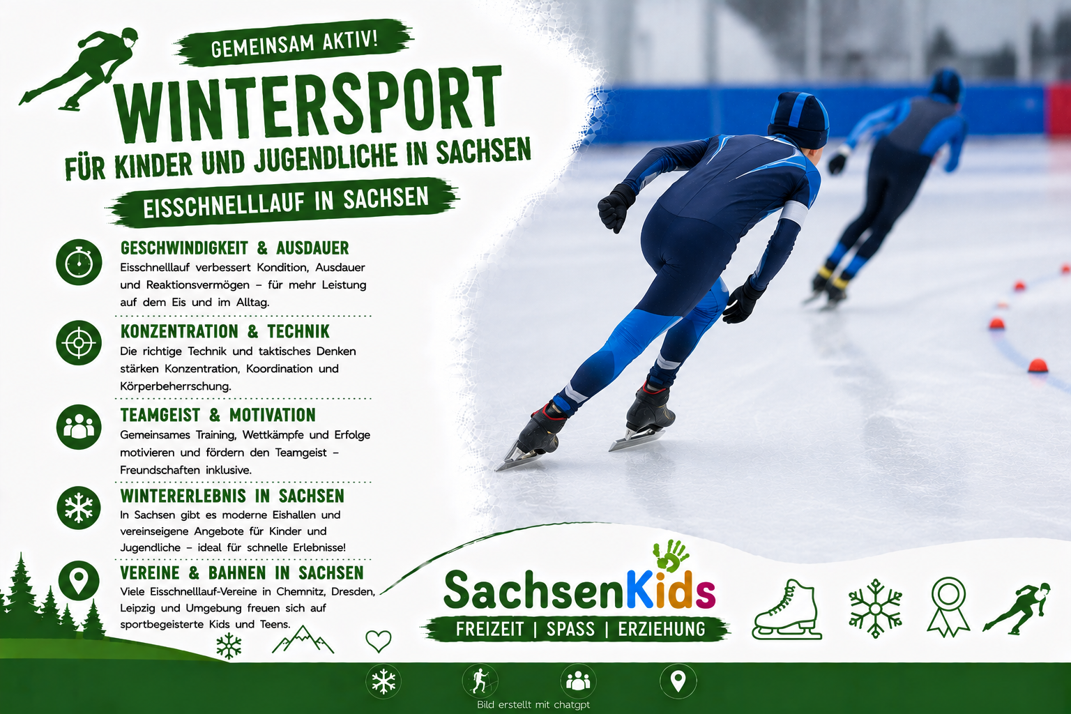 Eisschnelllauf für Kinder und Jugendliche in Sachsen: Das SachsenKids-Artikelbild zeigt junge Sportler auf der Eisbahn und vermittelt Geschwindigkeit, Ausdauer, Konzentration, Koordination, Technik und Teamgeist im Wintersport.