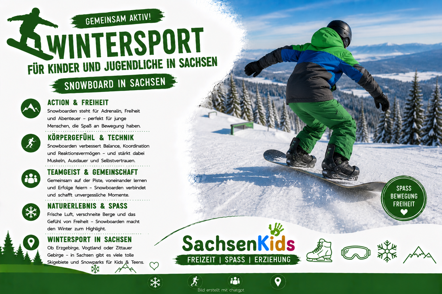 Snowboard für Kinder und Jugendliche in Sachsen: Das SachsenKids-Artikelbild zeigt jungen Snowboardsport im Winter und vermittelt Action, Körpergefühl, Koordination, Teamgeist, Naturerlebnis und Spaß auf der Piste.