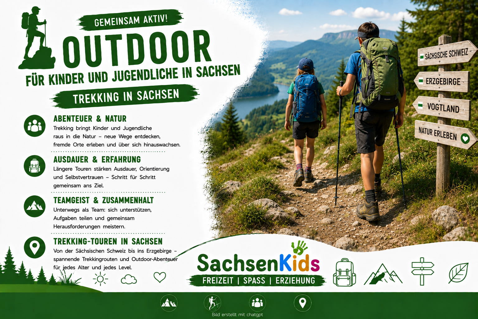 Trekking für Kinder und Jugendliche in Sachsen: Das SachsenKids-Artikelbild zeigt junge Trekking-Fans auf einer abwechslungsreichen Naturtour und vermittelt Abenteuer, Ausdauer, Teamgeist und spannende Outdoor-Erlebnisse in Sachsen.