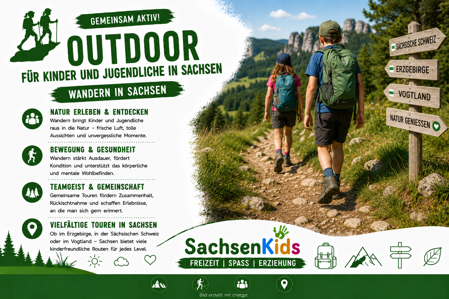 Wandern für Kinder und Jugendliche in Sachsen: Das SachsenKids-Artikelbild zeigt junge Wanderer auf einer abwechslungsreichen Naturtour und vermittelt Naturerlebnis, Bewegung, Teamgeist und kindgerechte Outdoor-Abenteuer.
