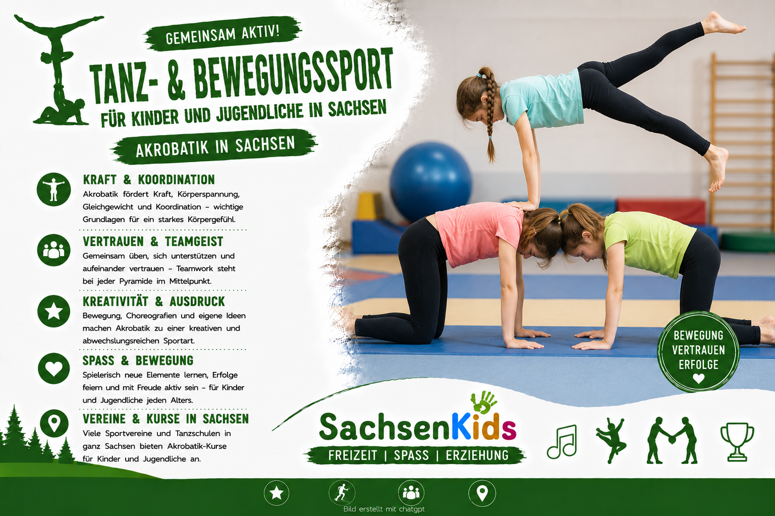 Akrobatik für Kinder und Jugendliche in Sachsen: Das SachsenKids-Artikelbild zeigt junge Akrobatik beim gemeinsamen Training und vermittelt Kraft, Koordination, Vertrauen, Teamgeist, Kreativität und Freude an Bewegung.