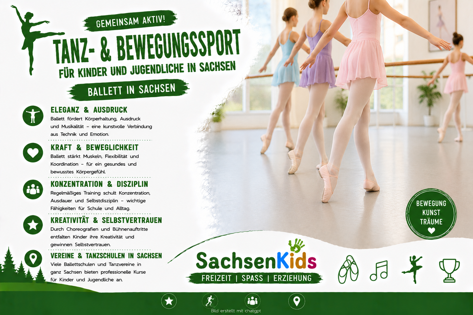 Ballett für Kinder und Jugendliche in Sachsen: Das SachsenKids-Artikelbild zeigt junge Tänzerinnen beim Balletttraining und vermittelt Bewegung, Körpergefühl, Koordination, Disziplin, Kreativität und Freude am Tanz.
