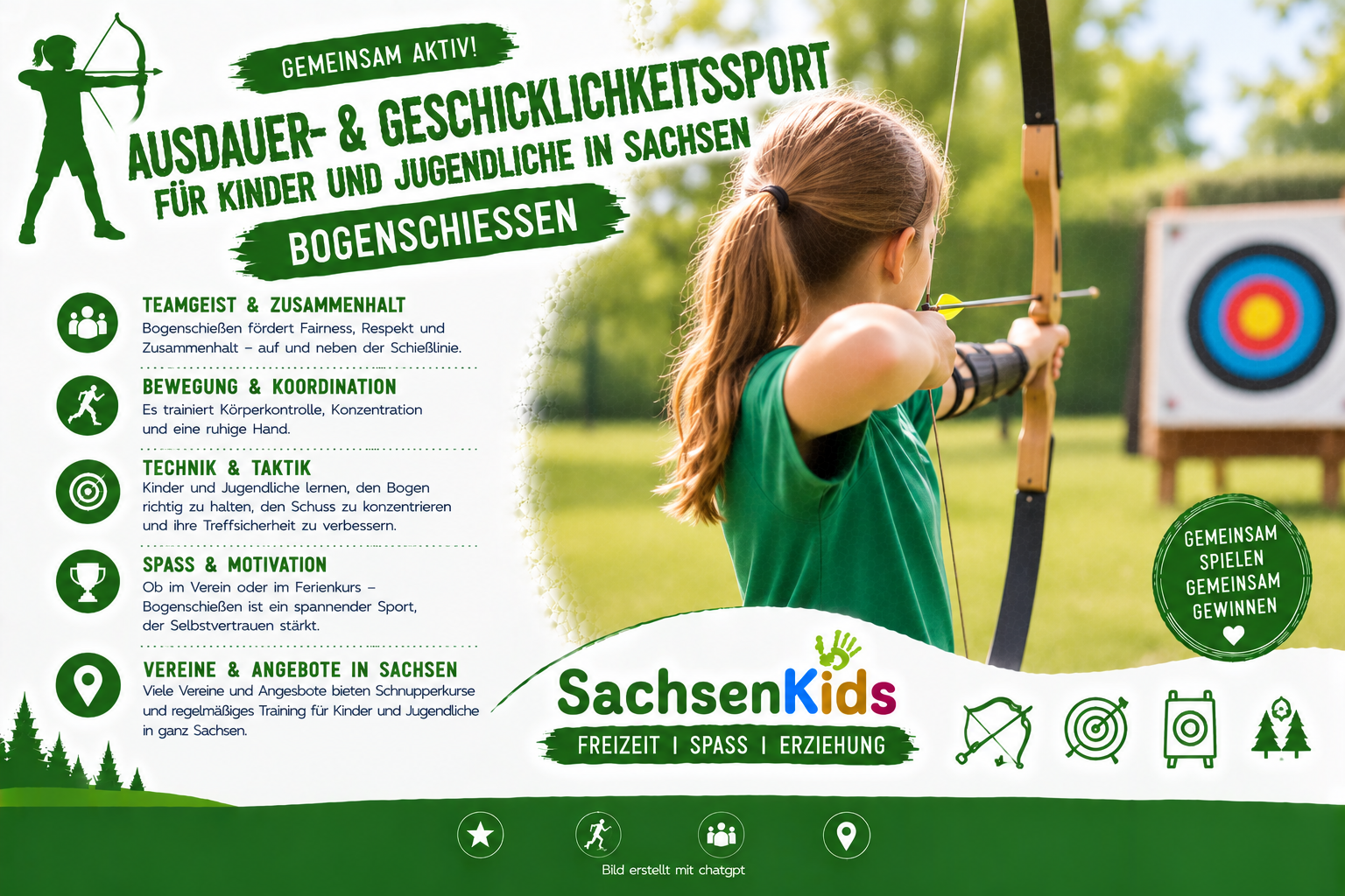 Bogenschießen für Kinder und Jugendliche in Sachsen – Konzentration, Koordination, Technik und Geschicklichkeit beim gemeinsamen Sport.