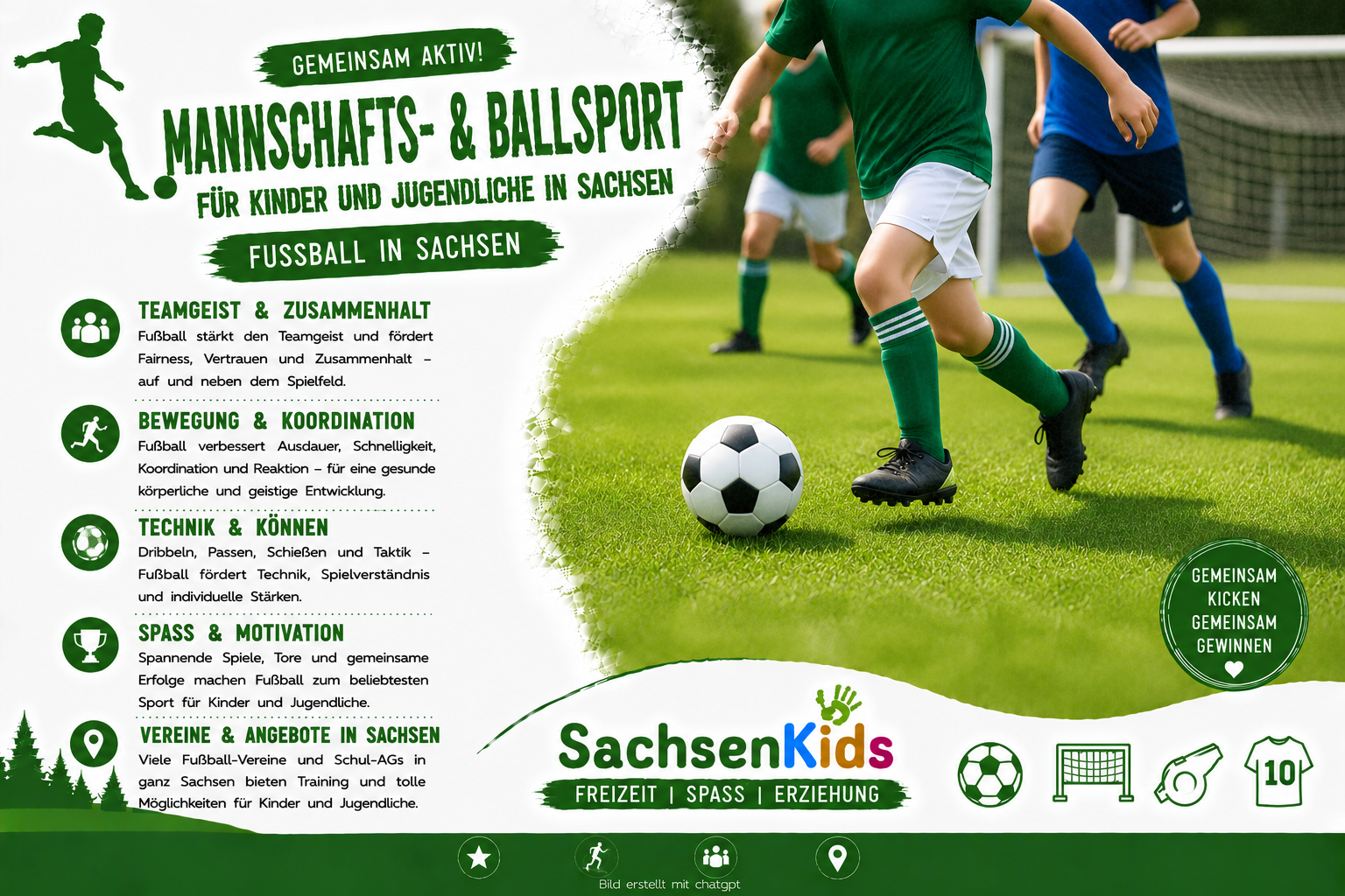 Fußball für Kinder und Jugendliche in Sachsen: Bewegung, Technik, Teamgeist und gemeinsamer Spielspaß stehen im Mittelpunkt – mit Ideen und Angeboten für junge Fußballfans.