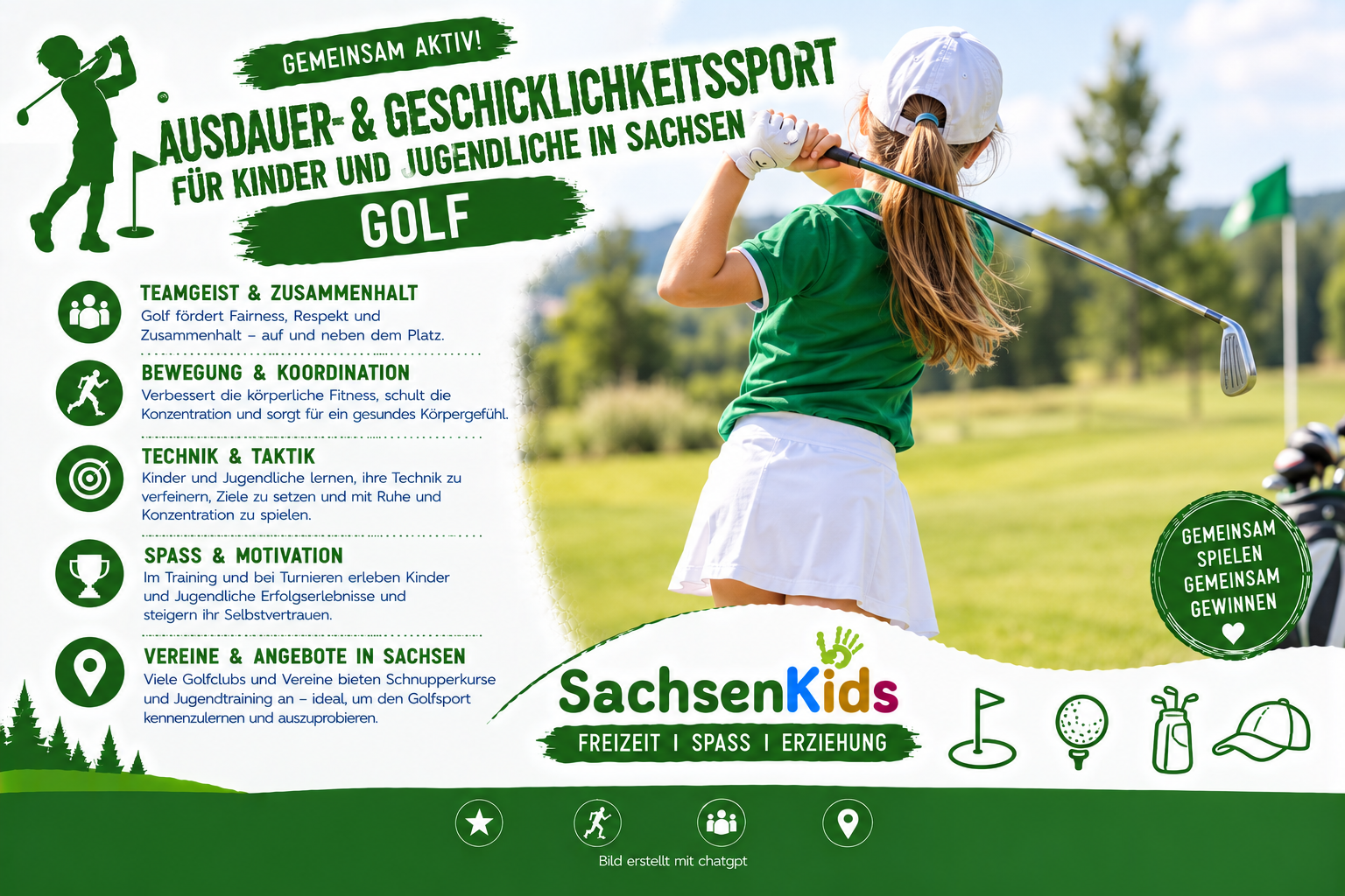 Golf für Kinder und Jugendliche in Sachsen – Konzentration, Koordination, Technik und Geschicklichkeit auf dem Golfplatz.