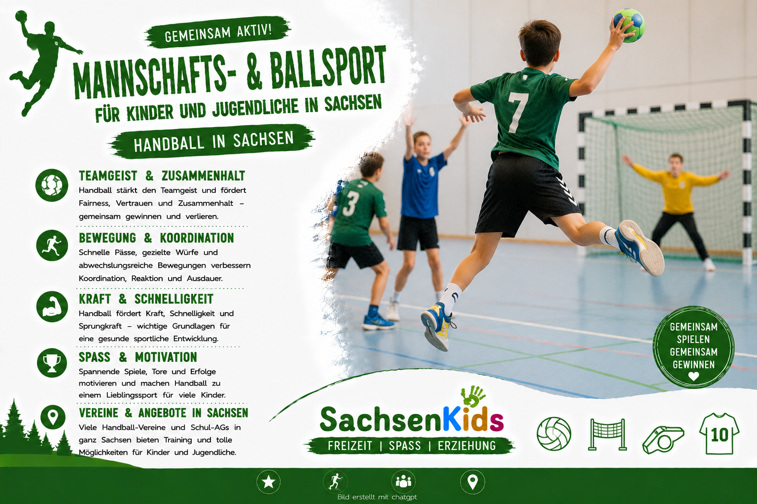 Handball für Kinder und Jugendliche in Sachsen: Teamgeist, Bewegung, Koordination und Spaß am gemeinsamen Mannschaftssport – passend für junge Sportfans und Familien.