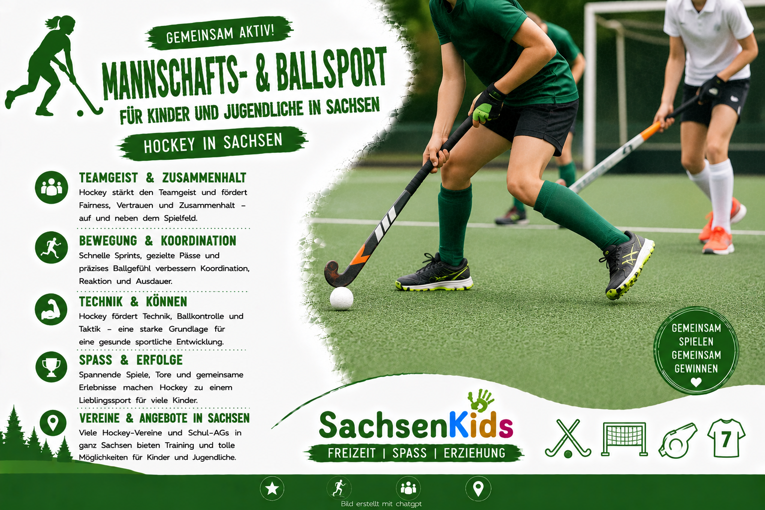Hockey für Kinder und Jugendliche in Sachsen: Das SachsenKids-Artikelbild zeigt junge Hockeyspieler beim Training und vermittelt Teamgeist, Koordination, Technik, Bewegung, Fairness und Freude am Mannschaftssport.