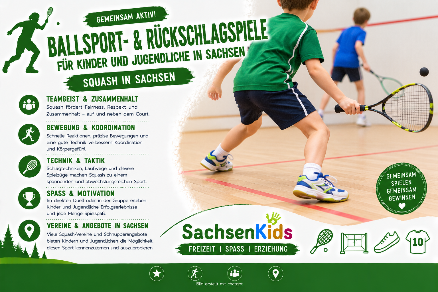 Squash für Kinder und Jugendliche in Sachsen: Das SachsenKids-Artikelbild zeigt jungen Squashsport ohne erkennbare Gesichter und vermittelt Bewegung, Reaktion, Koordination, Technik, Taktik und Spaß am Rückschlagspiel.