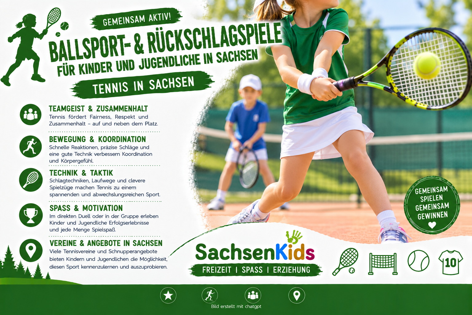 Tennis für Kinder und Jugendliche in Sachsen: Das SachsenKids-Artikelbild zeigt jungen Tennissport, vermittelt Bewegung, Koordination, Technik, Teamgeist und Freude am Rückschlagspiel.