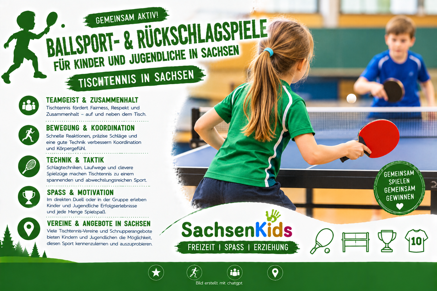 Tischtennis für Kinder und Jugendliche in Sachsen – schnelle Reaktionen, Koordination, Technik und gemeinsamer Spielspaß am Tisch.
