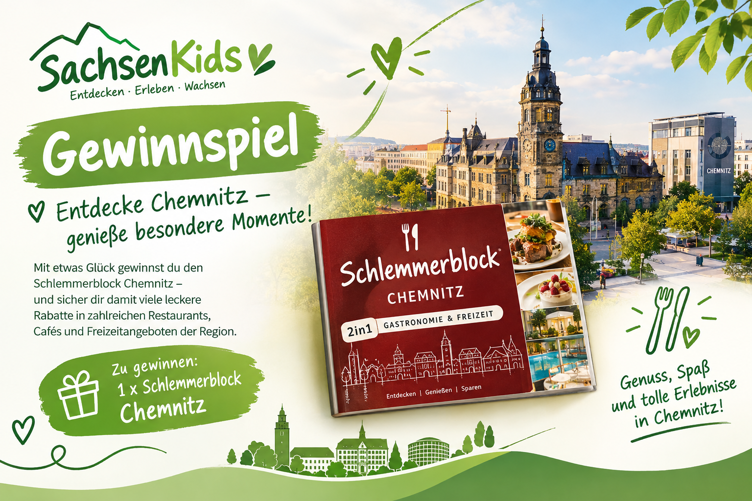 Finde das versteckte Herbstblatt auf Sachsenkids, verrate uns deinen liebsten Herbst-Ausflugstipp in Sachsen und gewinne das Schlemmerbuch 2026/2027. Der beste Tipp bekommt sogar einen eigenen Artikel. Mitmachen bis 15.11.2026!