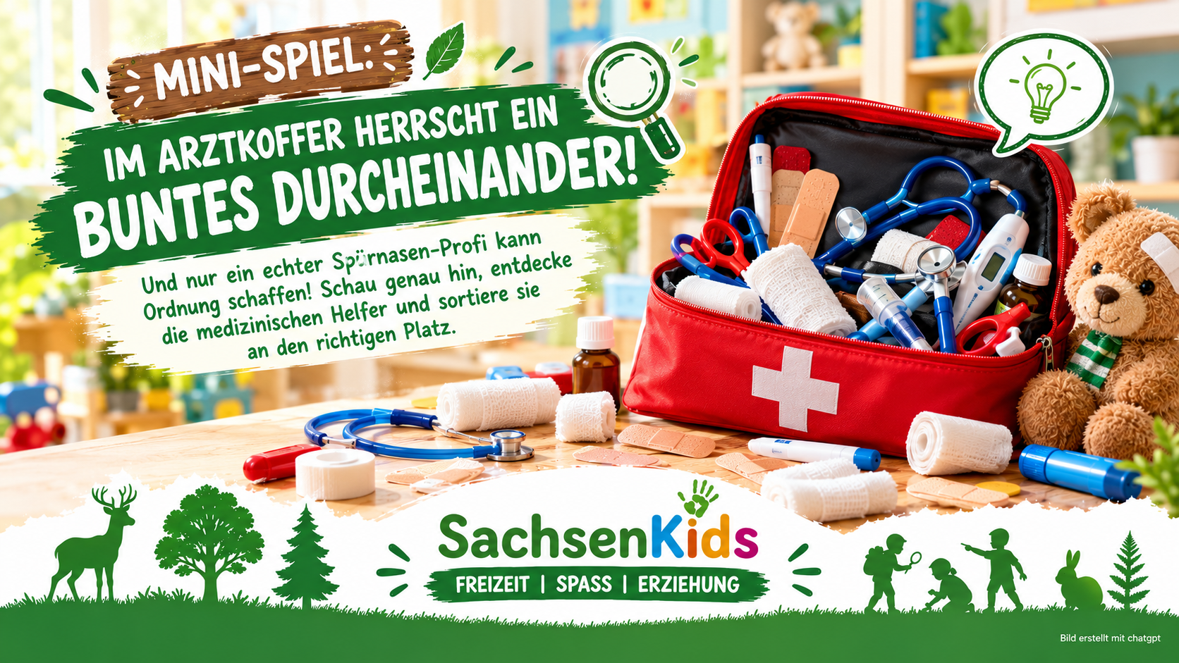 Im Arztkoffer herrscht ein buntes Durcheinander und nur ein echter Spürnasen-Profi kann Ordnung schaffen! Schau genau hin, entdecke die medizinischen Helfer und sortiere sie an den richtigen Platz.