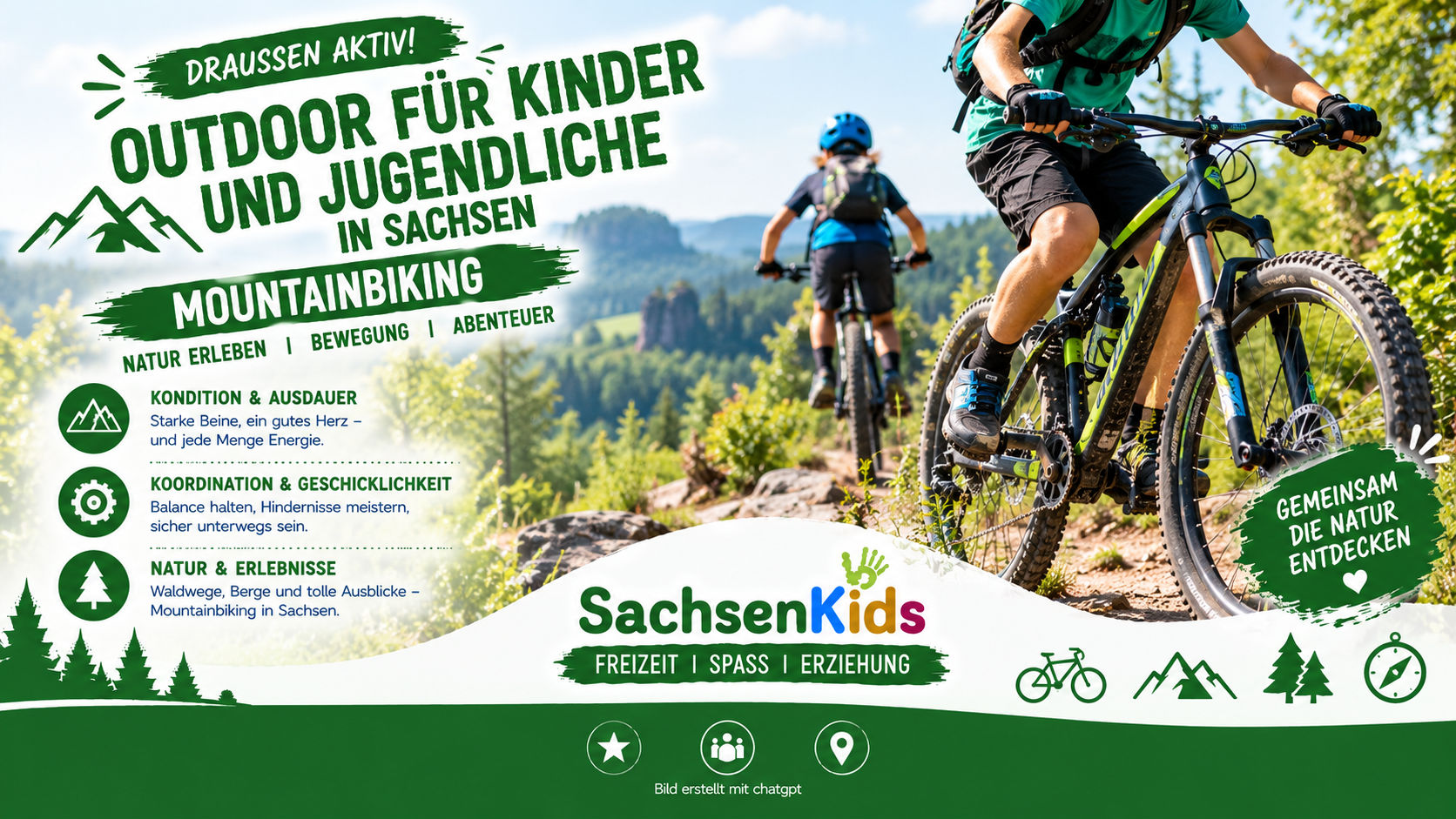 Outdoor für Kinder und Jugendliche in Sachsen: Mountainbiking auf abwechslungsreichen Waldwegen verbindet Bewegung, Geschicklichkeit und Naturerlebnisse. SachsenKids zeigt Ideen für aktive Freizeit draußen.